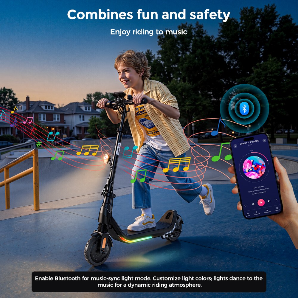 iScooter iK5LR Kids Electric Scooter, 300W Peak Motor, 36V 4.5Ah Battery, 19km Range, 25km/h Max Speed, 3 Speed Modes, Dual Brakes, Front Suspension, 7-Inch Solid Tires, APP Control, Bluetooth Music, RGB Lights - Black