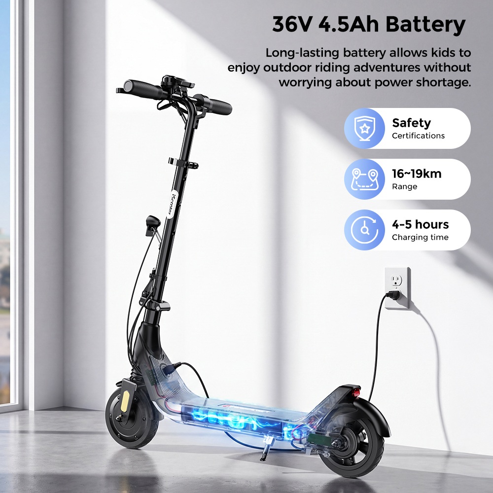 iScooter iK5LR Kids Electric Scooter, 300W Peak Motor, 36V 4.5Ah Battery, 19km Range, 25km/h Max Speed, 3 Speed Modes, Dual Brakes, Front Suspension, 7-Inch Solid Tires, APP Control, Bluetooth Music, RGB Lights - Black