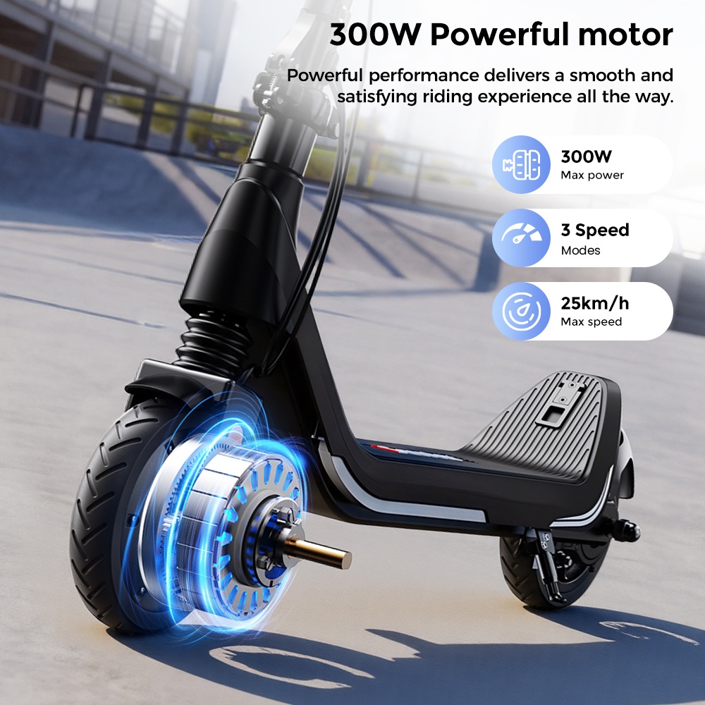 iScooter iK5LR Kids Electric Scooter, 300W Peak Motor, 36V 4.5Ah Battery, 19km Range, 25km/h Max Speed, 3 Speed Modes, Dual Brakes, Front Suspension, 7-Inch Solid Tires, APP Control, Bluetooth Music, RGB Lights - Black