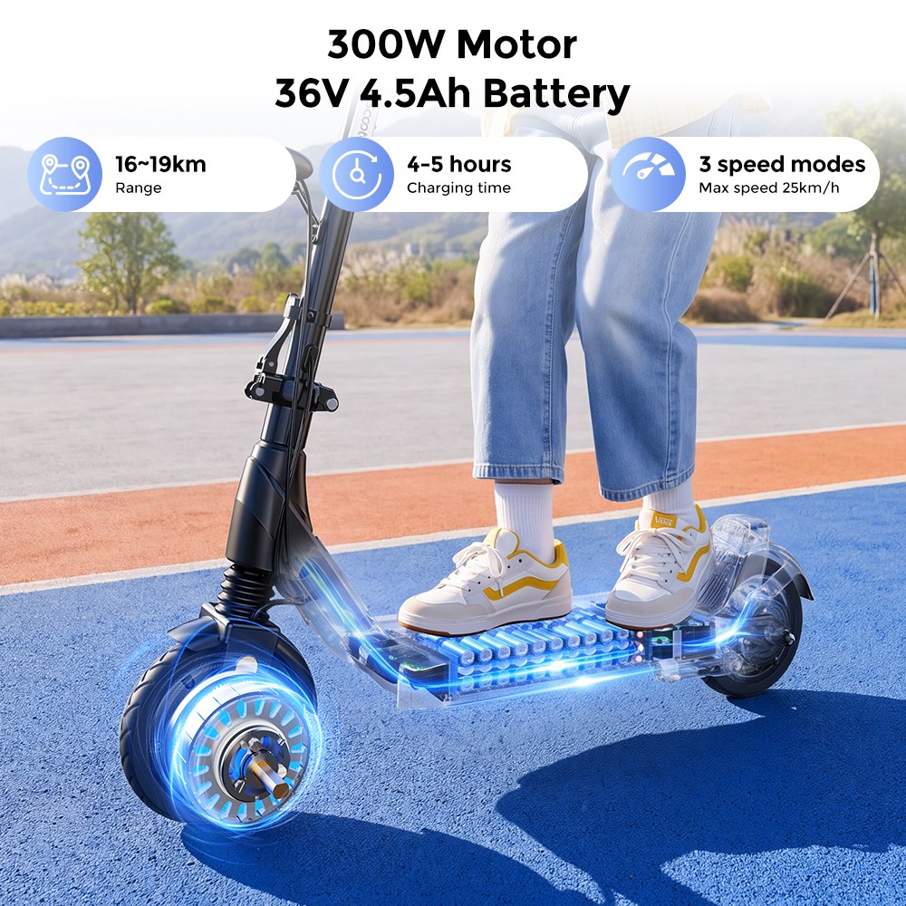 iScooter iK5LR Kids Electric Scooter, 300W Peak Motor, 36V 4.5Ah Battery, 19km Range, 25km/h Max Speed, 3 Speed Modes, Dual Brakes, Front Suspension, 7-Inch Solid Tires, APP Control, Bluetooth Music, RGB Lights - Black