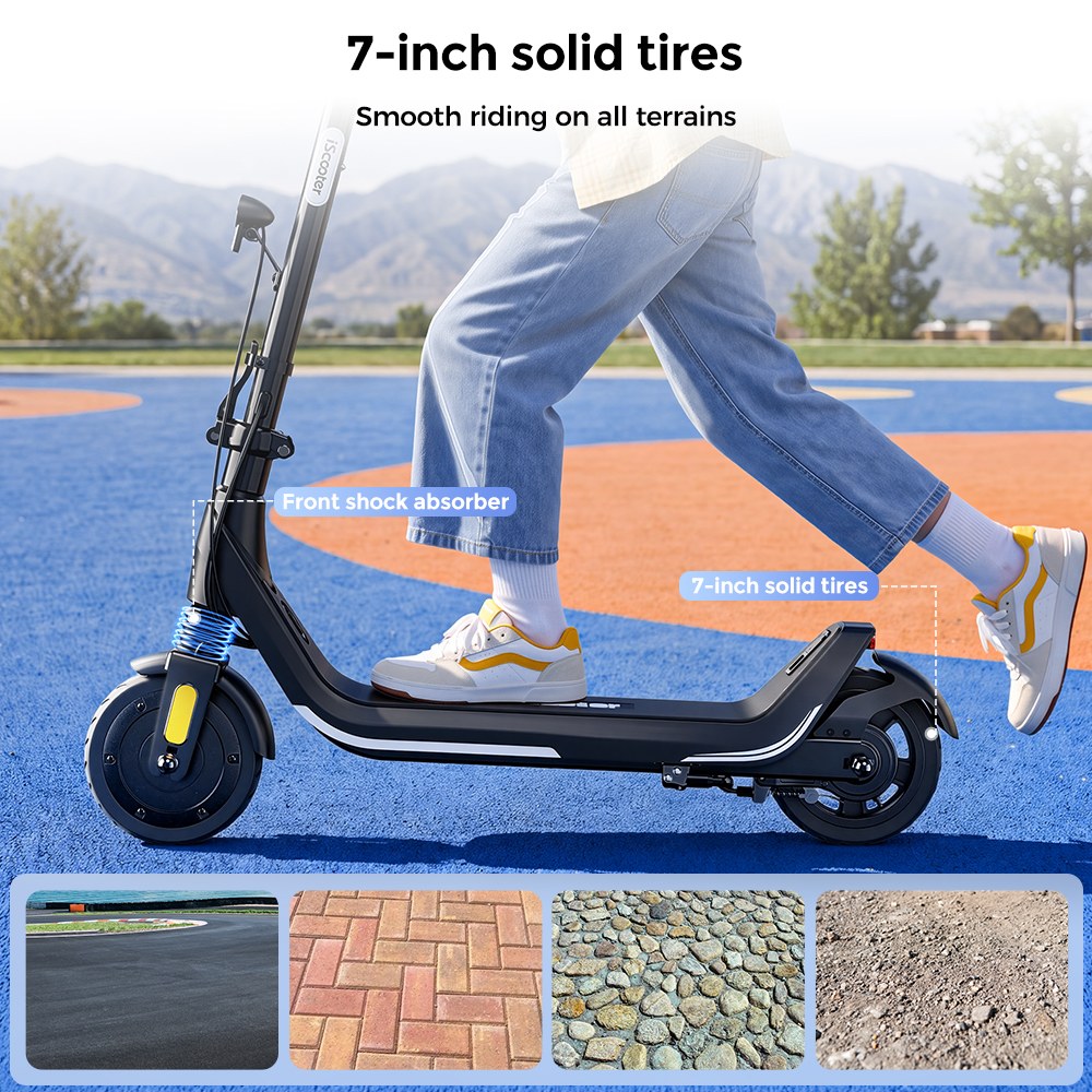 iScooter iK5LR Kids Electric Scooter, 300W Peak Motor, 36V 4.5Ah Battery, 19km Range, 25km/h Max Speed, 3 Speed Modes, Dual Brakes, Front Suspension, 7-Inch Solid Tires, APP Control, Bluetooth Music, RGB Lights - Black