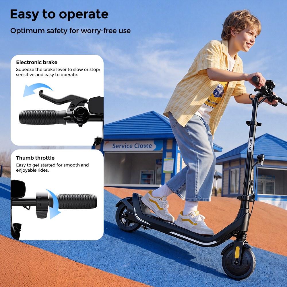 iScooter iK5LR Kids Electric Scooter, 300W Peak Motor, 36V 4.5Ah Battery, 19km Range, 25km/h Max Speed, 3 Speed Modes, Dual Brakes, Front Suspension, 7-Inch Solid Tires, APP Control, Bluetooth Music, RGB Lights - Black