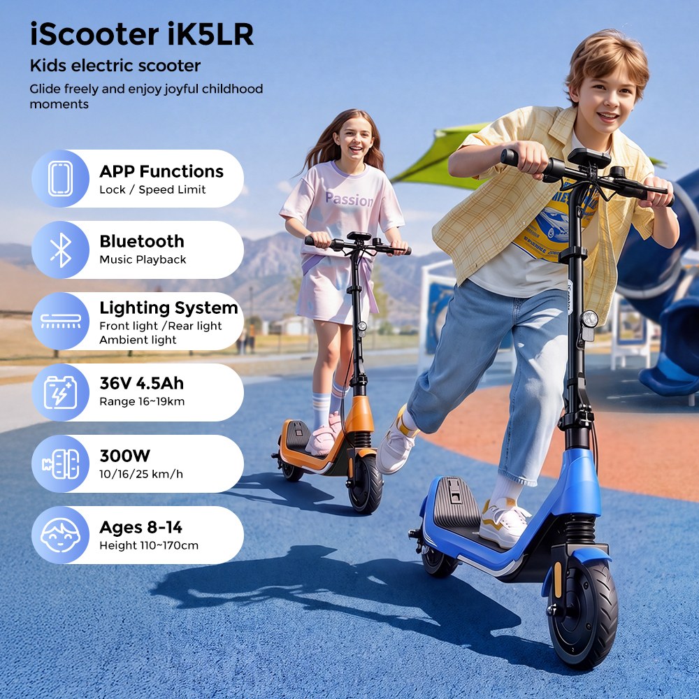 iScooter iK5LR Kids Electric Scooter, 300W Peak Motor, 36V 4.5Ah Battery, 19km Range, 25km/h Max Speed, 3 Speed Modes, Dual Brakes, Front Suspension, 7-Inch Solid Tires, APP Control, Bluetooth Music, RGB Lights - Blue
