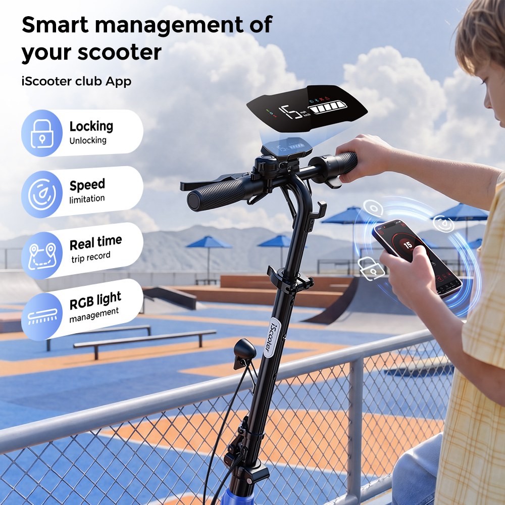 iScooter iK5LR Kids Electric Scooter, 300W Peak Motor, 36V 4.5Ah Battery, 19km Range, 25km/h Max Speed, 3 Speed Modes, Dual Brakes, Front Suspension, 7-Inch Solid Tires, APP Control, Bluetooth Music, RGB Lights - Blue