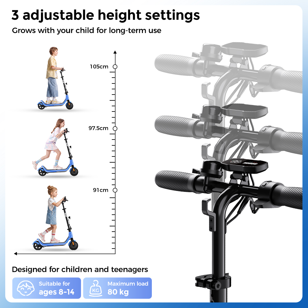 iScooter iK5LR Kids Electric Scooter, 300W Peak Motor, 36V 4.5Ah Battery, 19km Range, 25km/h Max Speed, 3 Speed Modes, Dual Brakes, Front Suspension, 7-Inch Solid Tires, APP Control, Bluetooth Music, RGB Lights - Blue