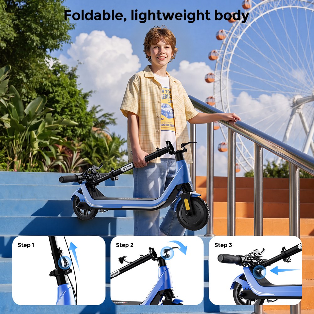 iScooter iK5LR Kids Electric Scooter, 300W Peak Motor, 36V 4.5Ah Battery, 19km Range, 25km/h Max Speed, 3 Speed Modes, Dual Brakes, Front Suspension, 7-Inch Solid Tires, APP Control, Bluetooth Music, RGB Lights - Blue