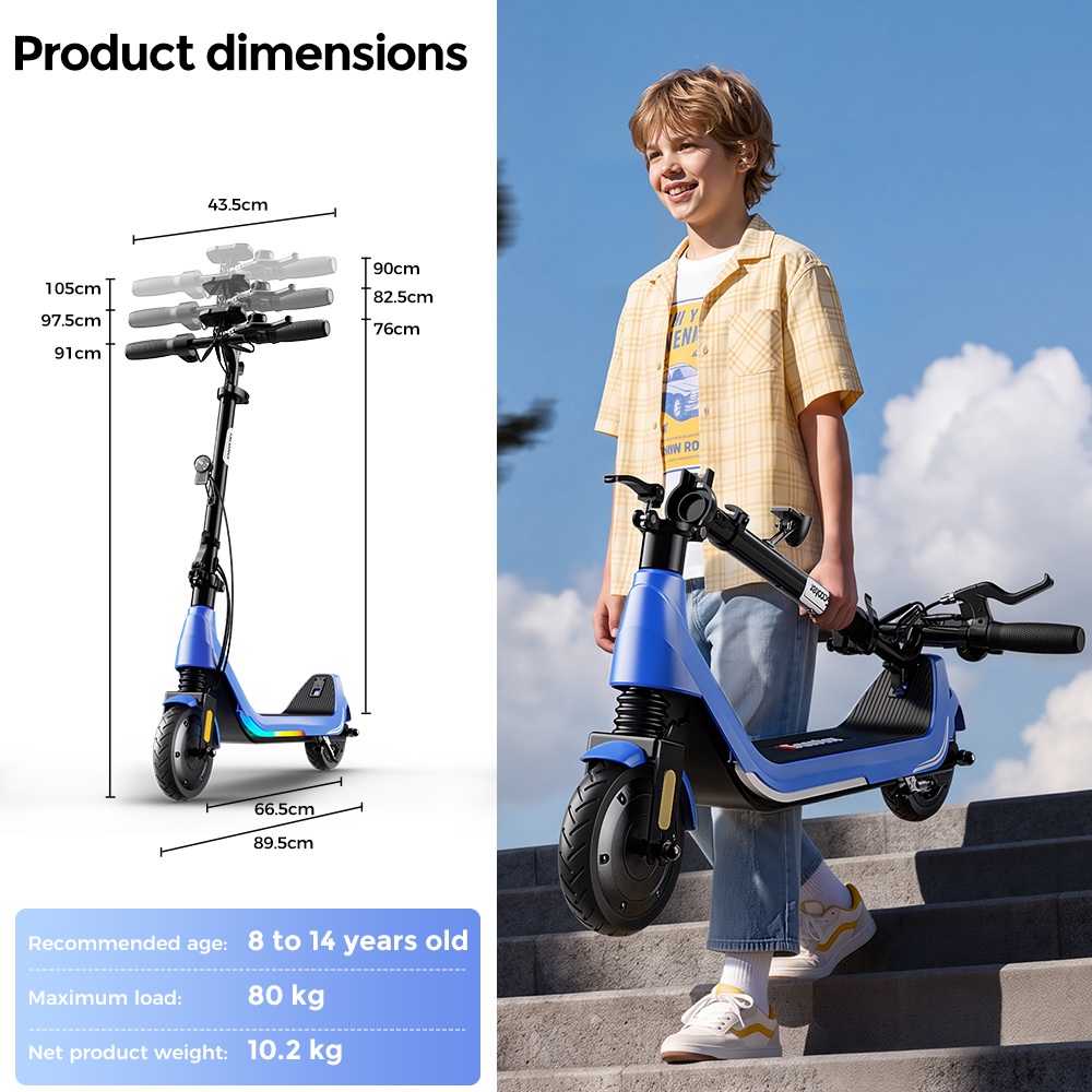 iScooter iK5LR Kids Electric Scooter, 300W Peak Motor, 36V 4.5Ah Battery, 19km Range, 25km/h Max Speed, 3 Speed Modes, Dual Brakes, Front Suspension, 7-Inch Solid Tires, APP Control, Bluetooth Music, RGB Lights - Blue