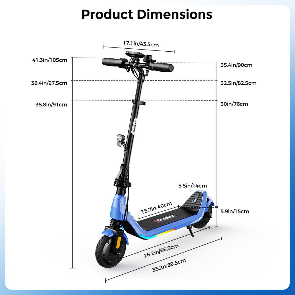iScooter iK5LR Kids Electric Scooter, 300W Peak Motor, 36V 4.5Ah Battery, 19km Range, 25km/h Max Speed, 3 Speed Modes, Dual Brakes, Front Suspension, 7-Inch Solid Tires, APP Control, Bluetooth Music, RGB Lights - Blue