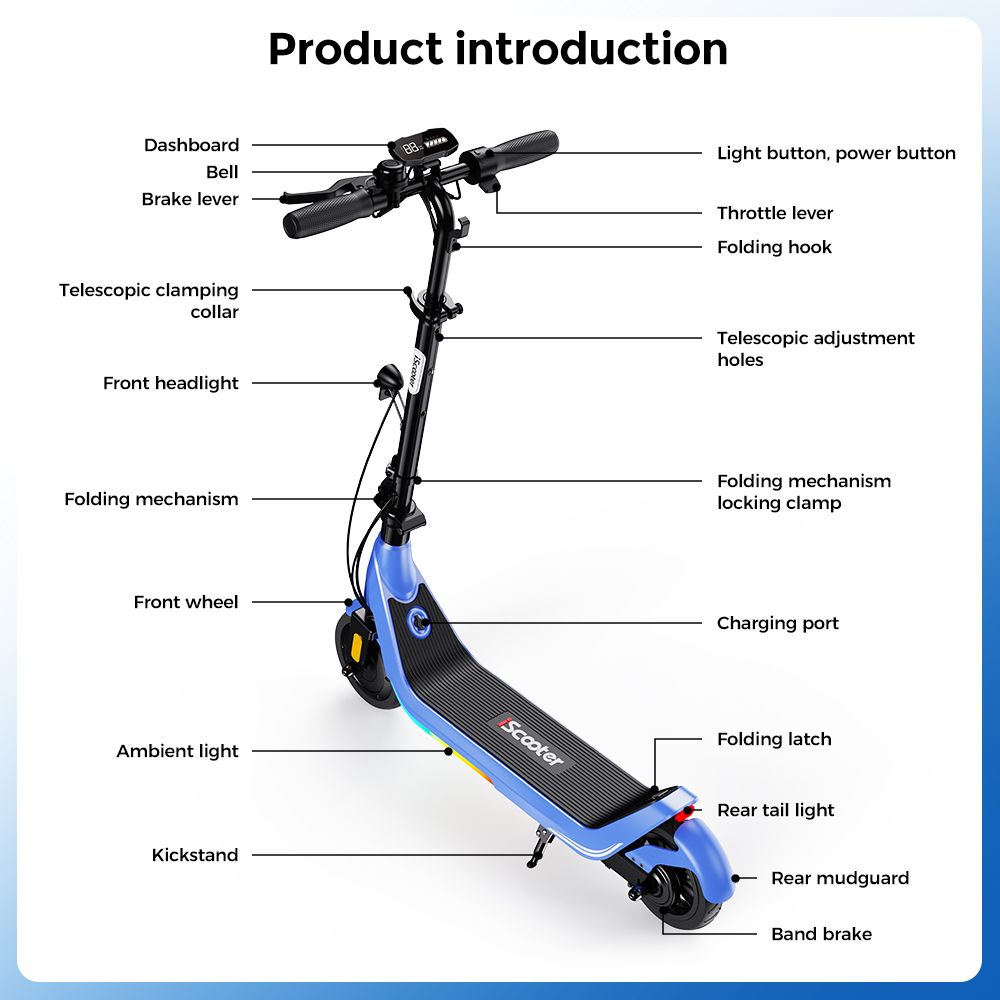 iScooter iK5LR Kids Electric Scooter, 300W Peak Motor, 36V 4.5Ah Battery, 19km Range, 25km/h Max Speed, 3 Speed Modes, Dual Brakes, Front Suspension, 7-Inch Solid Tires, APP Control, Bluetooth Music, RGB Lights - Blue