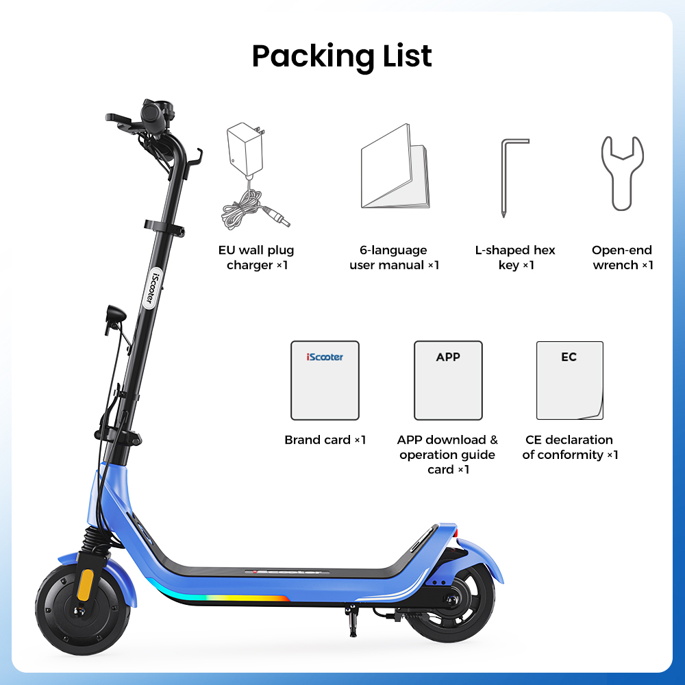 iScooter iK5LR Kids Electric Scooter, 300W Peak Motor, 36V 4.5Ah Battery, 19km Range, 25km/h Max Speed, 3 Speed Modes, Dual Brakes, Front Suspension, 7-Inch Solid Tires, APP Control, Bluetooth Music, RGB Lights - Blue
