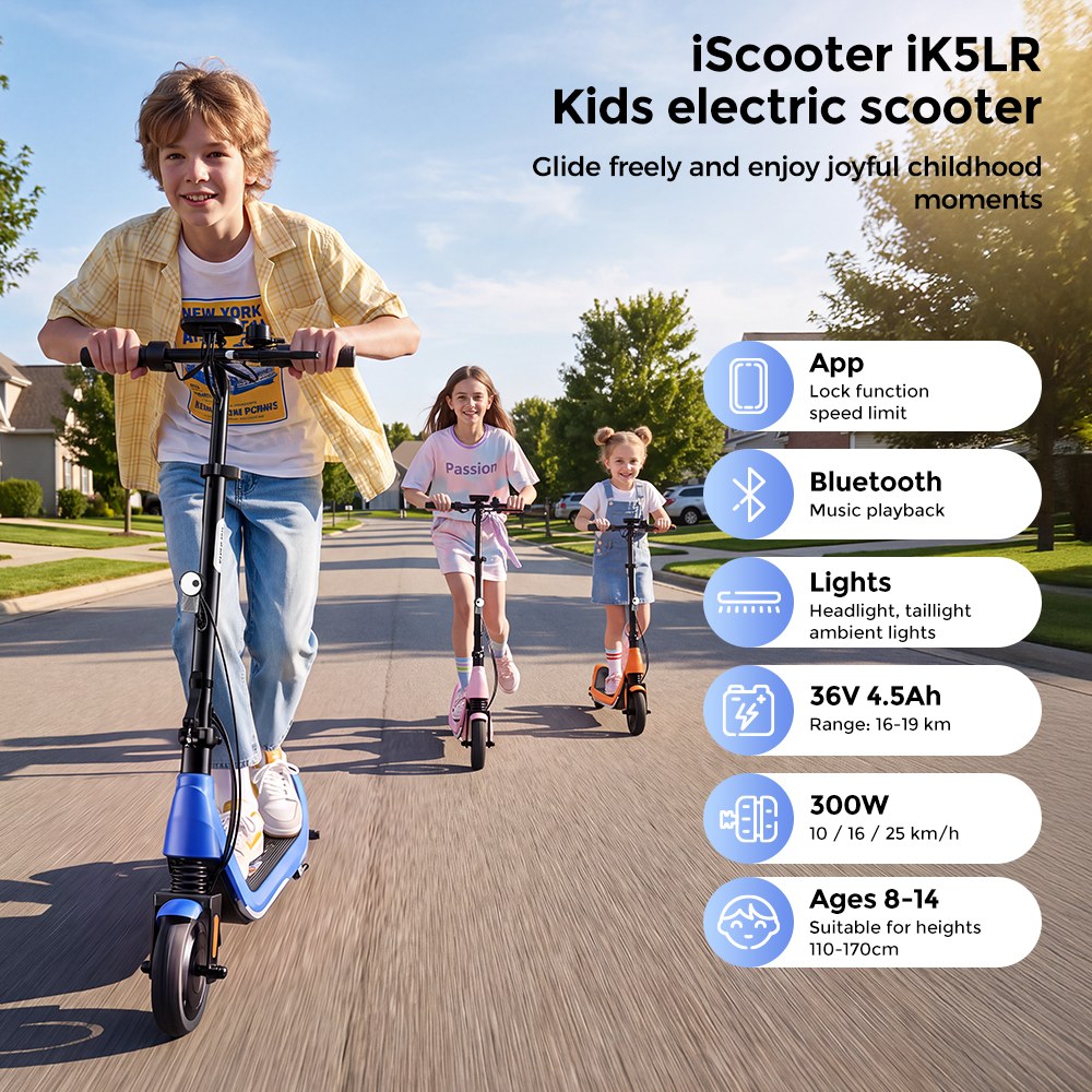 iScooter iK5LR Kids Electric Scooter, 300W Peak Motor, 36V 4.5Ah Battery, 19km Range, 25km/h Max Speed, 3 Speed Modes, Dual Brakes, Front Suspension, 7-Inch Solid Tires, APP Control, Bluetooth Music, RGB Lights - Blue