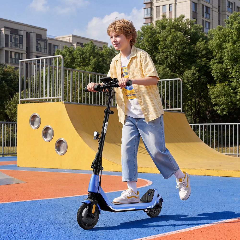 iScooter iK5LR Kids Electric Scooter, 300W Peak Motor, 36V 4.5Ah Battery, 19km Range, 25km/h Max Speed, 3 Speed Modes, Dual Brakes, Front Suspension, 7-Inch Solid Tires, APP Control, Bluetooth Music, RGB Lights - Blue