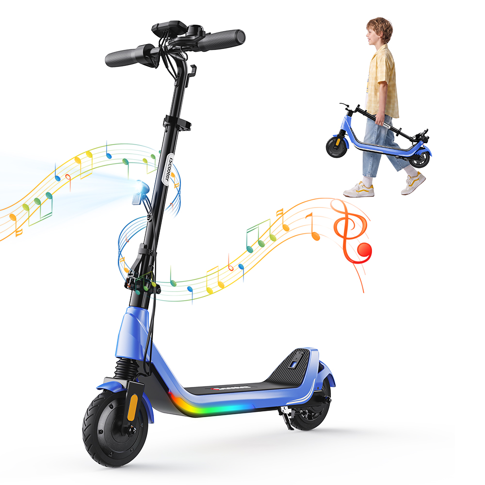 iScooter iK5LR Kids Electric Scooter, 300W Peak Motor, 36V 4.5Ah Battery, 19km Range, 25km/h Max Speed, 3 Speed Modes, Dual Brakes, Front Suspension, 7-Inch Solid Tires, APP Control, Bluetooth Music, RGB Lights - Blue