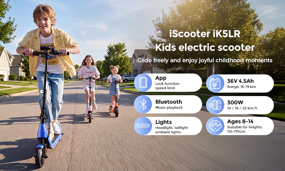iScooter iK5LR Kids Electric Scooter, 300W Peak Motor, 36V 4.5Ah Battery, 19km Range, 25km/h Max Speed, 3 Speed Modes, Dual Brakes, Front Suspension, 7-Inch Solid Tires, APP Control, Bluetooth Music, RGB Lights - Blue