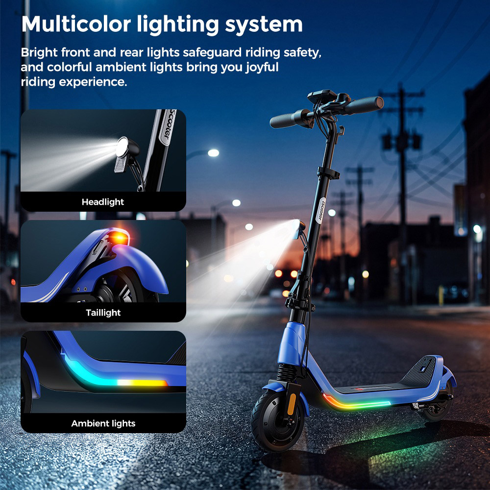 iScooter iK5LR Kids Electric Scooter, 300W Peak Motor, 36V 4.5Ah Battery, 19km Range, 25km/h Max Speed, 3 Speed Modes, Dual Brakes, Front Suspension, 7-Inch Solid Tires, APP Control, Bluetooth Music, RGB Lights - Blue