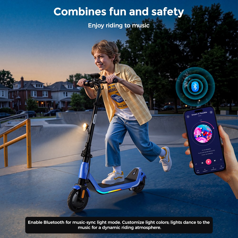 iScooter iK5LR Kids Electric Scooter, 300W Peak Motor, 36V 4.5Ah Battery, 19km Range, 25km/h Max Speed, 3 Speed Modes, Dual Brakes, Front Suspension, 7-Inch Solid Tires, APP Control, Bluetooth Music, RGB Lights - Blue
