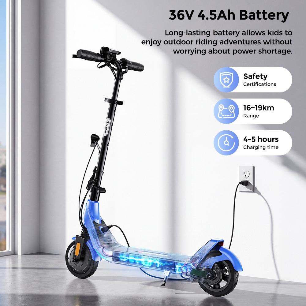 iScooter iK5LR Kids Electric Scooter, 300W Peak Motor, 36V 4.5Ah Battery, 19km Range, 25km/h Max Speed, 3 Speed Modes, Dual Brakes, Front Suspension, 7-Inch Solid Tires, APP Control, Bluetooth Music, RGB Lights - Blue