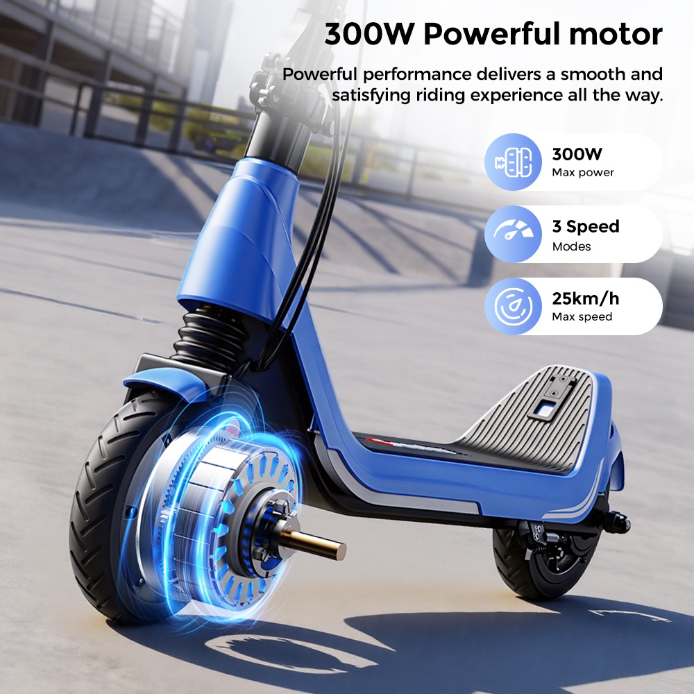 iScooter iK5LR Kids Electric Scooter, 300W Peak Motor, 36V 4.5Ah Battery, 19km Range, 25km/h Max Speed, 3 Speed Modes, Dual Brakes, Front Suspension, 7-Inch Solid Tires, APP Control, Bluetooth Music, RGB Lights - Blue