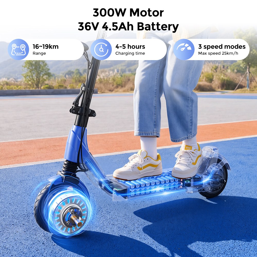 iScooter iK5LR Kids Electric Scooter, 300W Peak Motor, 36V 4.5Ah Battery, 19km Range, 25km/h Max Speed, 3 Speed Modes, Dual Brakes, Front Suspension, 7-Inch Solid Tires, APP Control, Bluetooth Music, RGB Lights - Blue