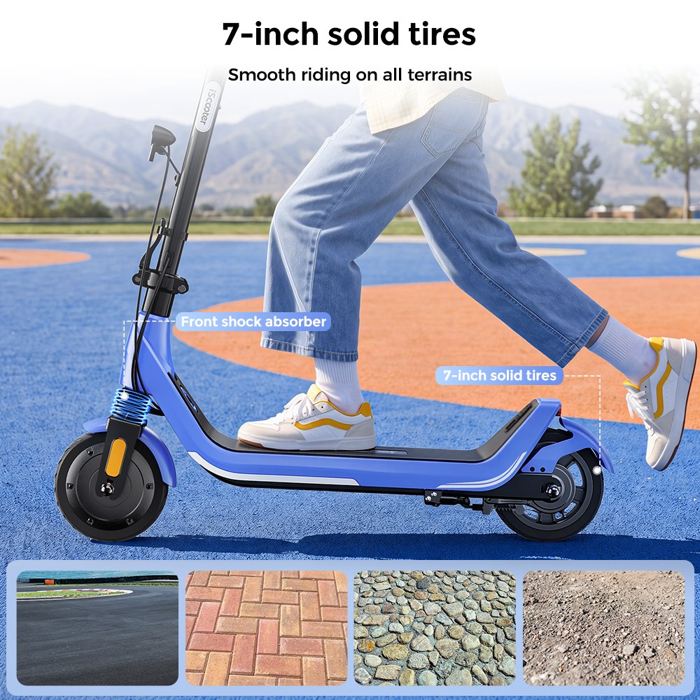 iScooter iK5LR Kids Electric Scooter, 300W Peak Motor, 36V 4.5Ah Battery, 19km Range, 25km/h Max Speed, 3 Speed Modes, Dual Brakes, Front Suspension, 7-Inch Solid Tires, APP Control, Bluetooth Music, RGB Lights - Blue