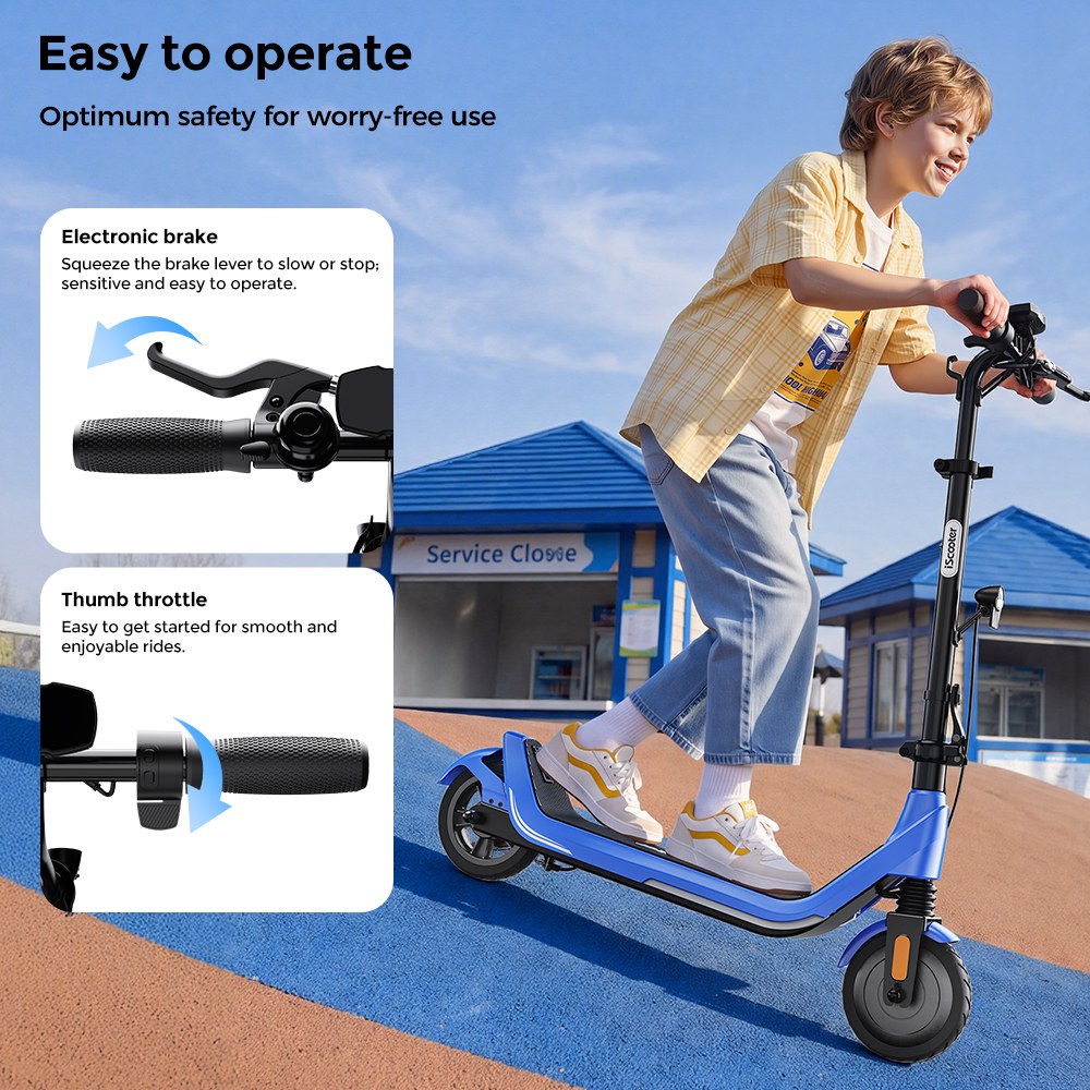 iScooter iK5LR Kids Electric Scooter, 300W Peak Motor, 36V 4.5Ah Battery, 19km Range, 25km/h Max Speed, 3 Speed Modes, Dual Brakes, Front Suspension, 7-Inch Solid Tires, APP Control, Bluetooth Music, RGB Lights - Blue