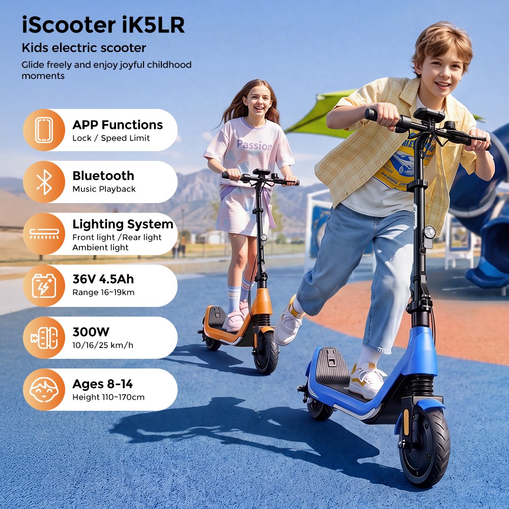 iScooter iK5LR Kids Electric Scooter, 300W Peak Motor, 36V 4.5Ah Battery, 19km Range, 25km/h Max Speed, 3 Speed Modes, Dual Brakes, Front Suspension, 7-Inch Solid Tires, APP Control, Bluetooth Music, RGB Lights - Orange