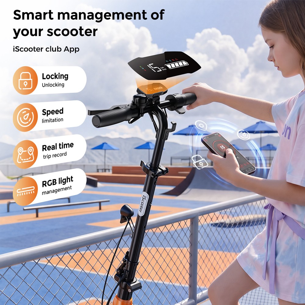 iScooter iK5LR Kids Electric Scooter, 300W Peak Motor, 36V 4.5Ah Battery, 19km Range, 25km/h Max Speed, 3 Speed Modes, Dual Brakes, Front Suspension, 7-Inch Solid Tires, APP Control, Bluetooth Music, RGB Lights - Orange