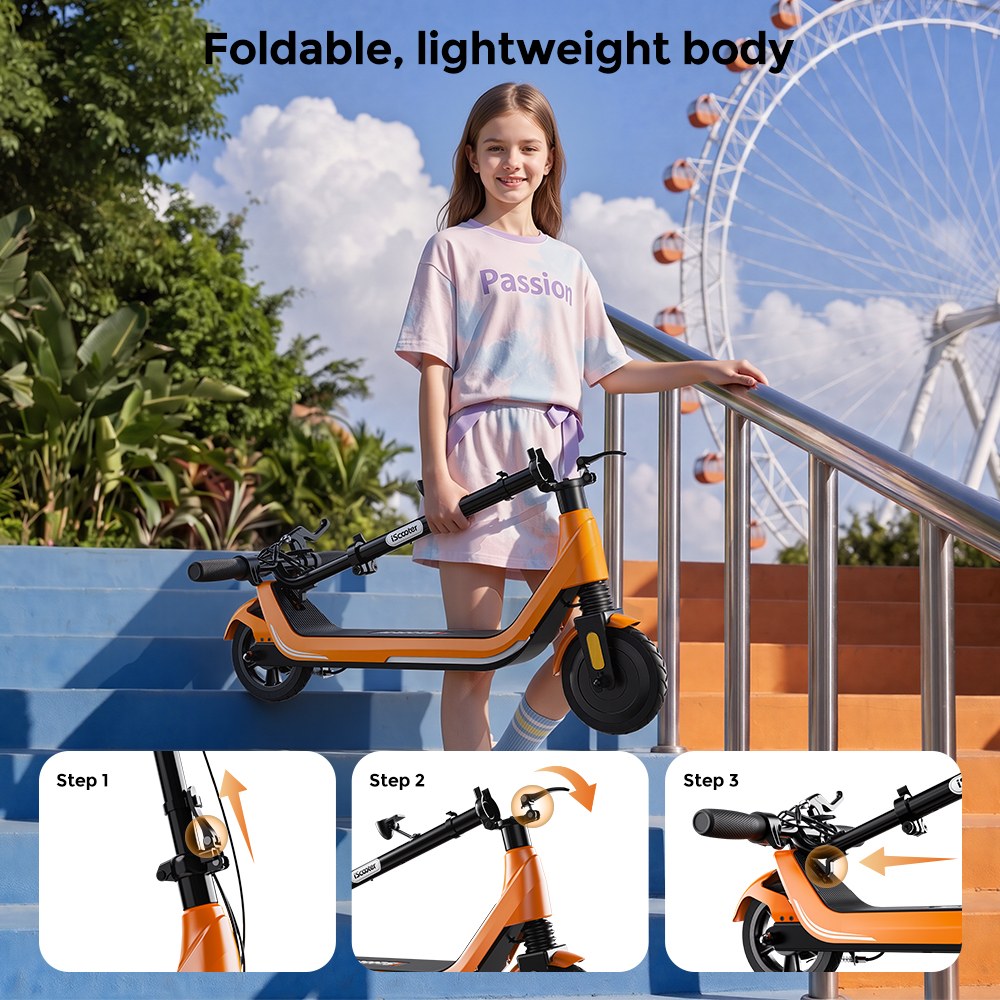 iScooter iK5LR Kids Electric Scooter, 300W Peak Motor, 36V 4.5Ah Battery, 19km Range, 25km/h Max Speed, 3 Speed Modes, Dual Brakes, Front Suspension, 7-Inch Solid Tires, APP Control, Bluetooth Music, RGB Lights - Orange