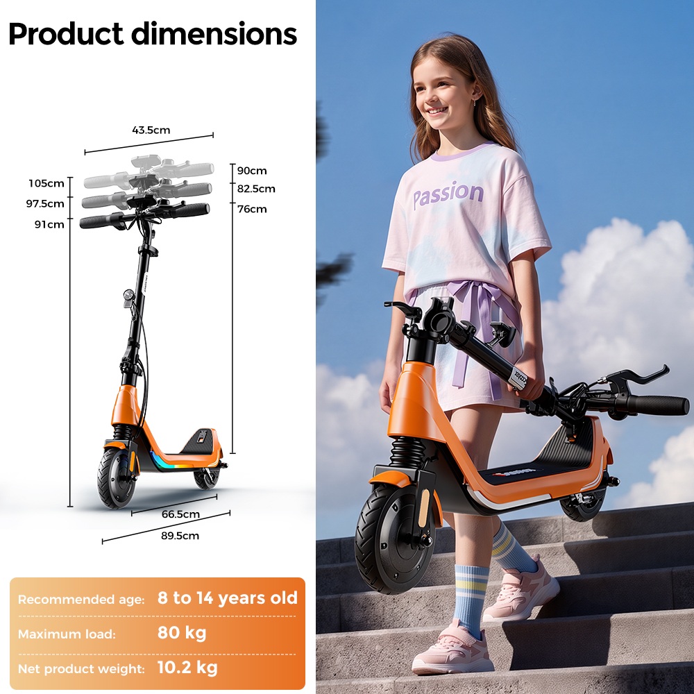 iScooter iK5LR Kids Electric Scooter, 300W Peak Motor, 36V 4.5Ah Battery, 19km Range, 25km/h Max Speed, 3 Speed Modes, Dual Brakes, Front Suspension, 7-Inch Solid Tires, APP Control, Bluetooth Music, RGB Lights - Orange