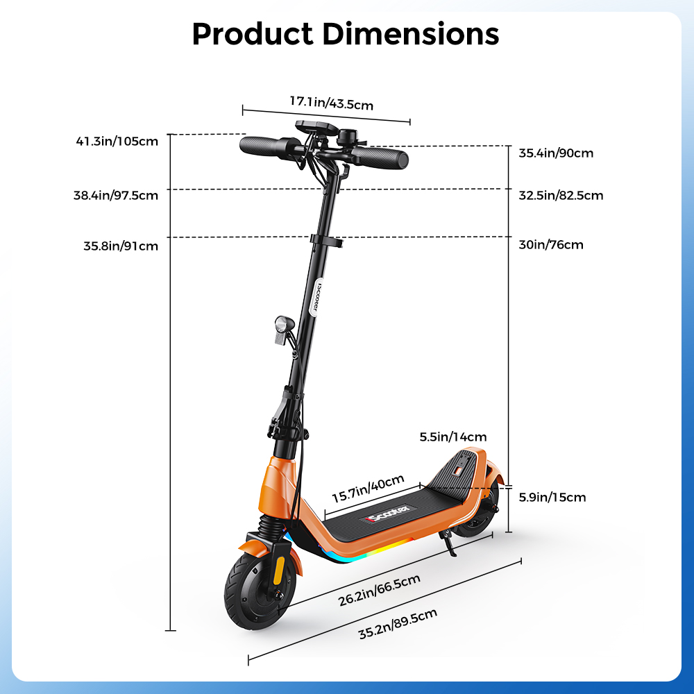 iScooter iK5LR Kids Electric Scooter, 300W Peak Motor, 36V 4.5Ah Battery, 19km Range, 25km/h Max Speed, 3 Speed Modes, Dual Brakes, Front Suspension, 7-Inch Solid Tires, APP Control, Bluetooth Music, RGB Lights - Orange