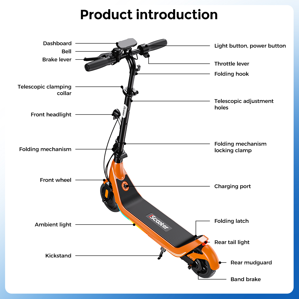 iScooter iK5LR Kids Electric Scooter, 300W Peak Motor, 36V 4.5Ah Battery, 19km Range, 25km/h Max Speed, 3 Speed Modes, Dual Brakes, Front Suspension, 7-Inch Solid Tires, APP Control, Bluetooth Music, RGB Lights - Orange