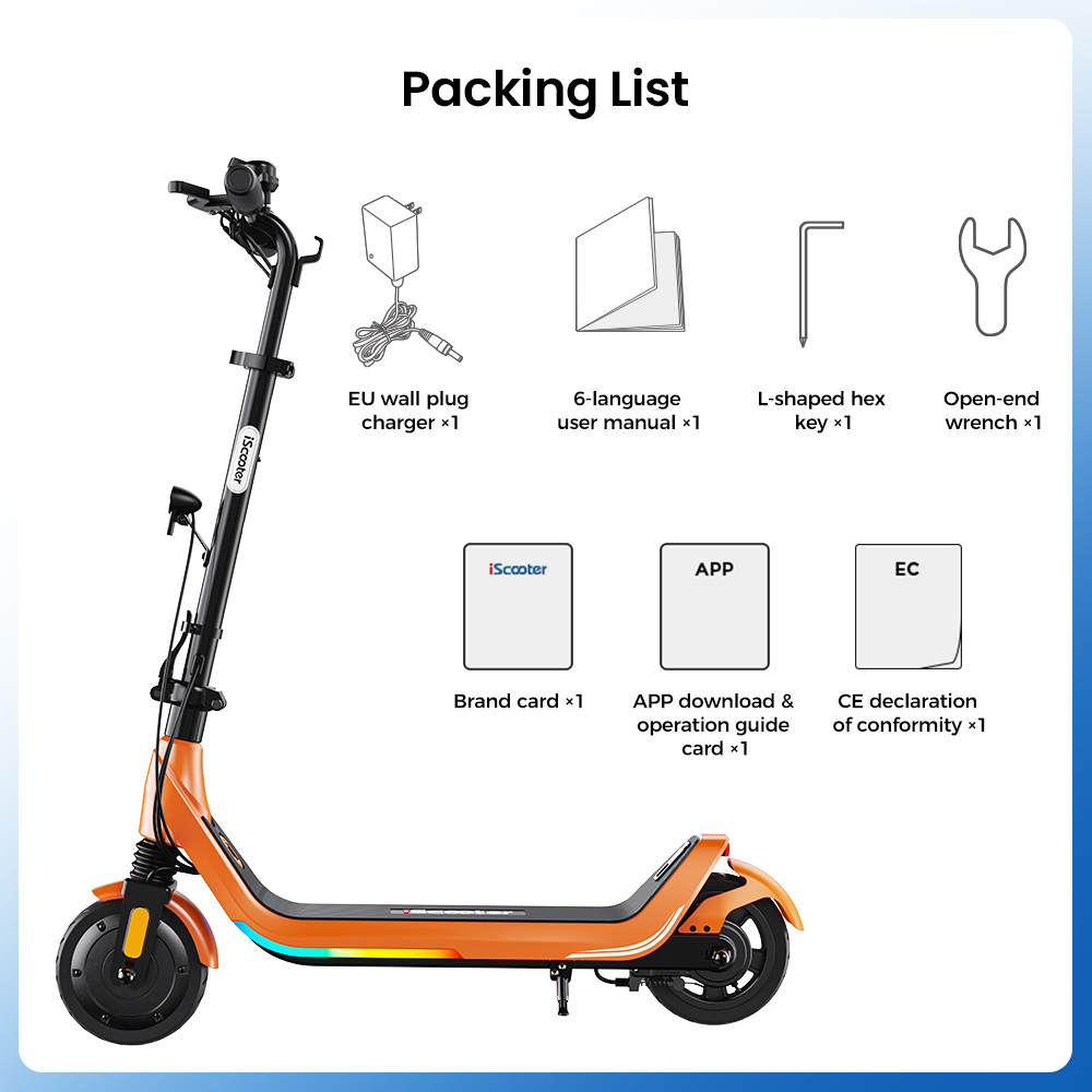 iScooter iK5LR Kids Electric Scooter, 300W Peak Motor, 36V 4.5Ah Battery, 19km Range, 25km/h Max Speed, 3 Speed Modes, Dual Brakes, Front Suspension, 7-Inch Solid Tires, APP Control, Bluetooth Music, RGB Lights - Orange