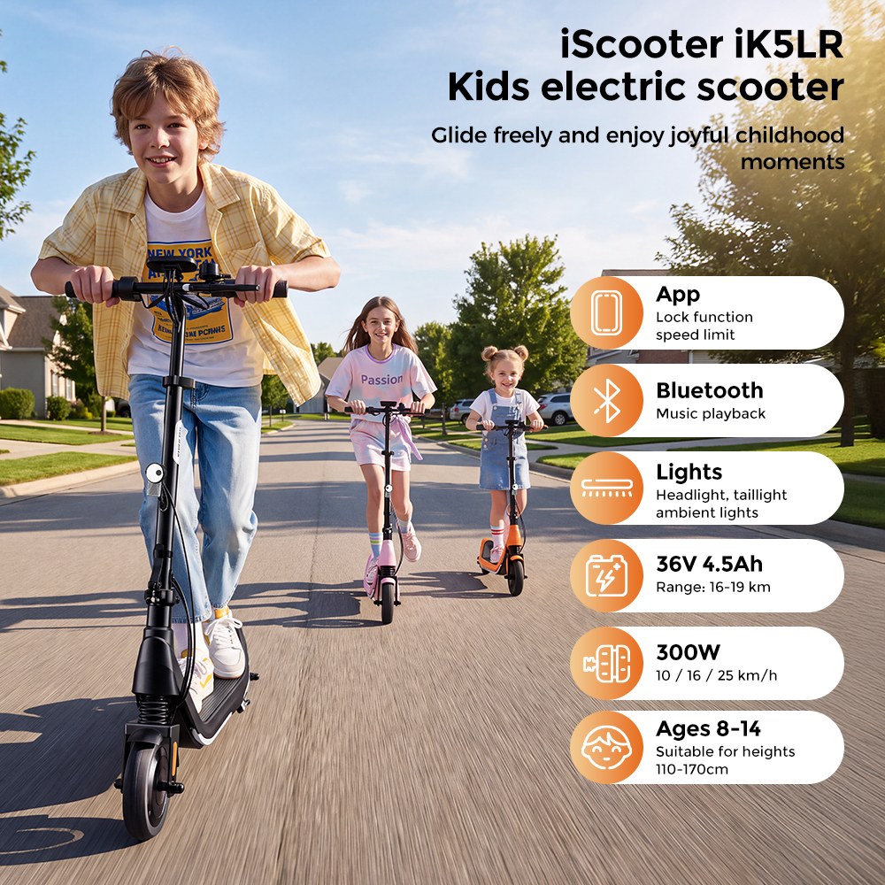 iScooter iK5LR Kids Electric Scooter, 300W Peak Motor, 36V 4.5Ah Battery, 19km Range, 25km/h Max Speed, 3 Speed Modes, Dual Brakes, Front Suspension, 7-Inch Solid Tires, APP Control, Bluetooth Music, RGB Lights - Orange