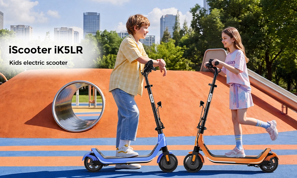iScooter iK5LR Kids Electric Scooter, 300W Peak Motor, 36V 4.5Ah Battery, 19km Range, 25km/h Max Speed, 3 Speed Modes, Dual Brakes, Front Suspension, 7-Inch Solid Tires, APP Control, Bluetooth Music, RGB Lights - Orange