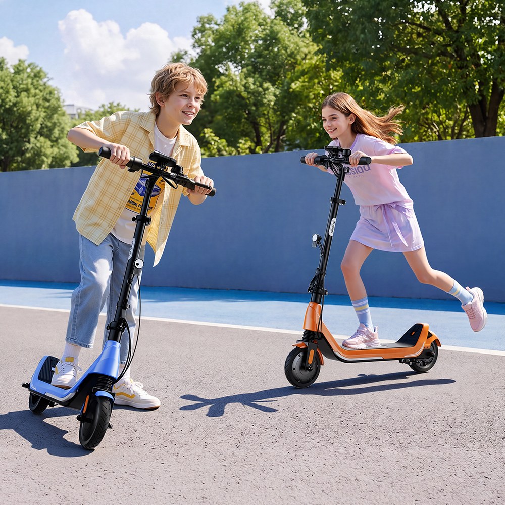iScooter iK5LR Kids Electric Scooter, 300W Peak Motor, 36V 4.5Ah Battery, 19km Range, 25km/h Max Speed, 3 Speed Modes, Dual Brakes, Front Suspension, 7-Inch Solid Tires, APP Control, Bluetooth Music, RGB Lights - Orange
