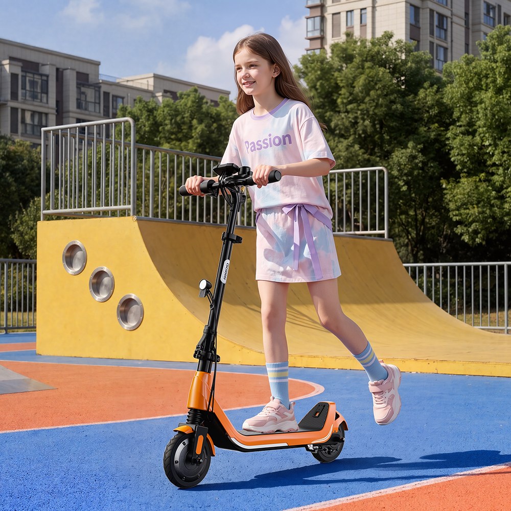 iScooter iK5LR Kids Electric Scooter, 300W Peak Motor, 36V 4.5Ah Battery, 19km Range, 25km/h Max Speed, 3 Speed Modes, Dual Brakes, Front Suspension, 7-Inch Solid Tires, APP Control, Bluetooth Music, RGB Lights - Orange