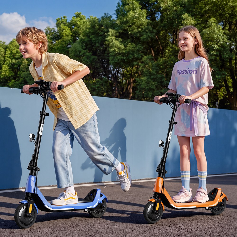 iScooter iK5LR Kids Electric Scooter, 300W Peak Motor, 36V 4.5Ah Battery, 19km Range, 25km/h Max Speed, 3 Speed Modes, Dual Brakes, Front Suspension, 7-Inch Solid Tires, APP Control, Bluetooth Music, RGB Lights - Orange