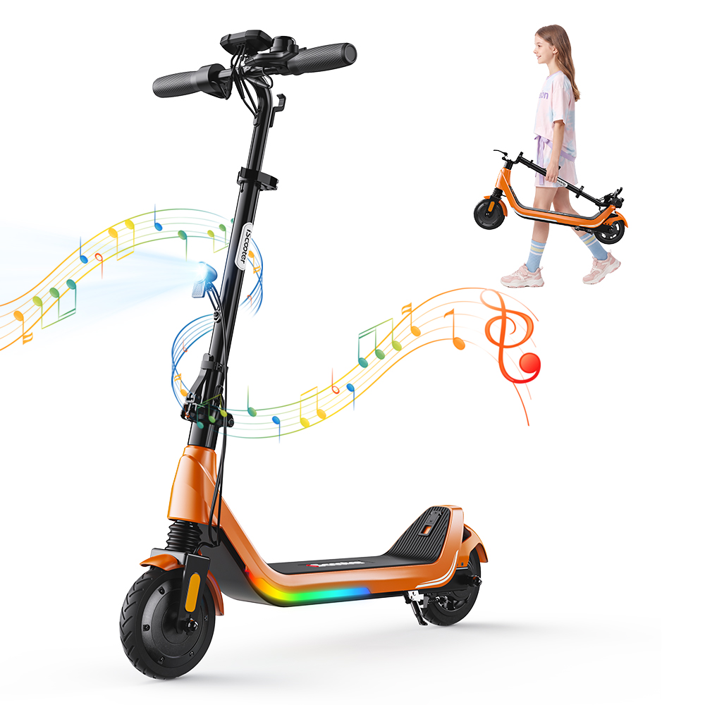 iScooter iK5LR Kids Electric Scooter, 300W Peak Motor, 36V 4.5Ah Battery, 19km Range, 25km/h Max Speed, 3 Speed Modes, Dual Brakes, Front Suspension, 7-Inch Solid Tires, APP Control, Bluetooth Music, RGB Lights - Orange