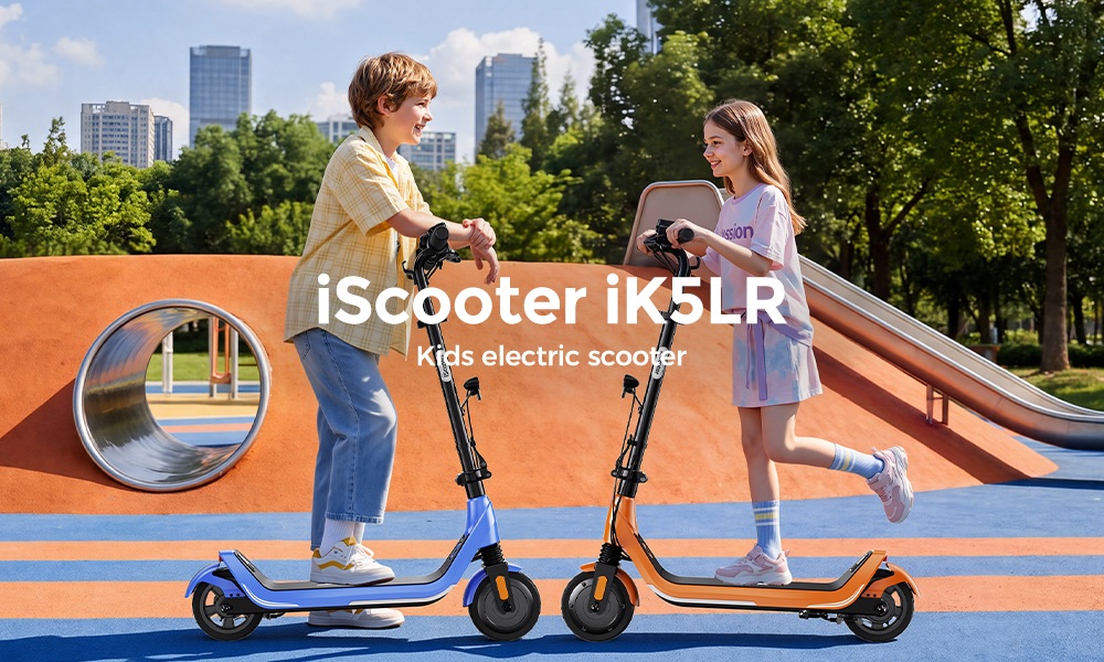 iScooter iK5LR Kids Electric Scooter, 300W Peak Motor, 36V 4.5Ah Battery, 19km Range, 25km/h Max Speed, 3 Speed Modes, Dual Brakes, Front Suspension, 7-Inch Solid Tires, APP Control, Bluetooth Music, RGB Lights - Orange