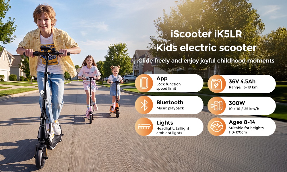 iScooter iK5LR Kids Electric Scooter, 300W Peak Motor, 36V 4.5Ah Battery, 19km Range, 25km/h Max Speed, 3 Speed Modes, Dual Brakes, Front Suspension, 7-Inch Solid Tires, APP Control, Bluetooth Music, RGB Lights - Orange