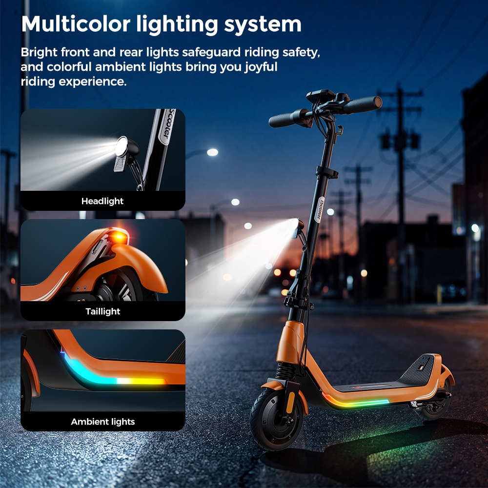 iScooter iK5LR Kids Electric Scooter, 300W Peak Motor, 36V 4.5Ah Battery, 19km Range, 25km/h Max Speed, 3 Speed Modes, Dual Brakes, Front Suspension, 7-Inch Solid Tires, APP Control, Bluetooth Music, RGB Lights - Orange