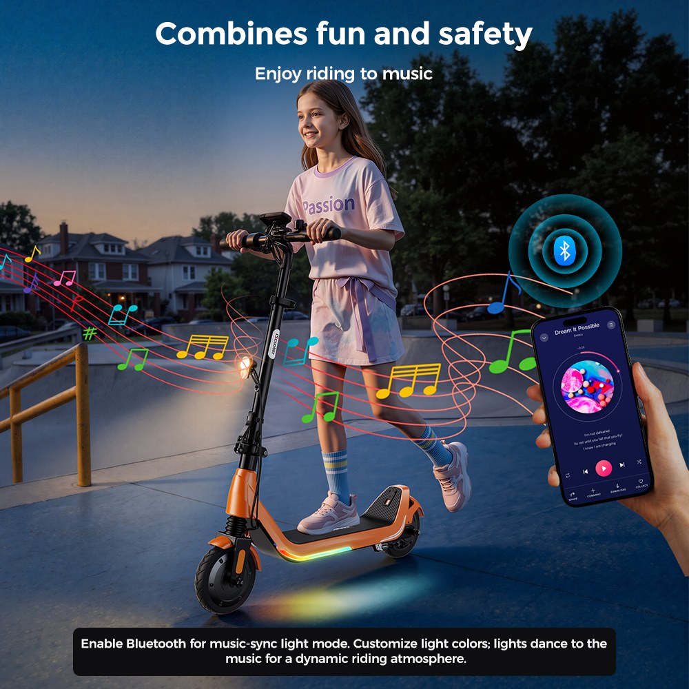 iScooter iK5LR Kids Electric Scooter, 300W Peak Motor, 36V 4.5Ah Battery, 19km Range, 25km/h Max Speed, 3 Speed Modes, Dual Brakes, Front Suspension, 7-Inch Solid Tires, APP Control, Bluetooth Music, RGB Lights - Orange