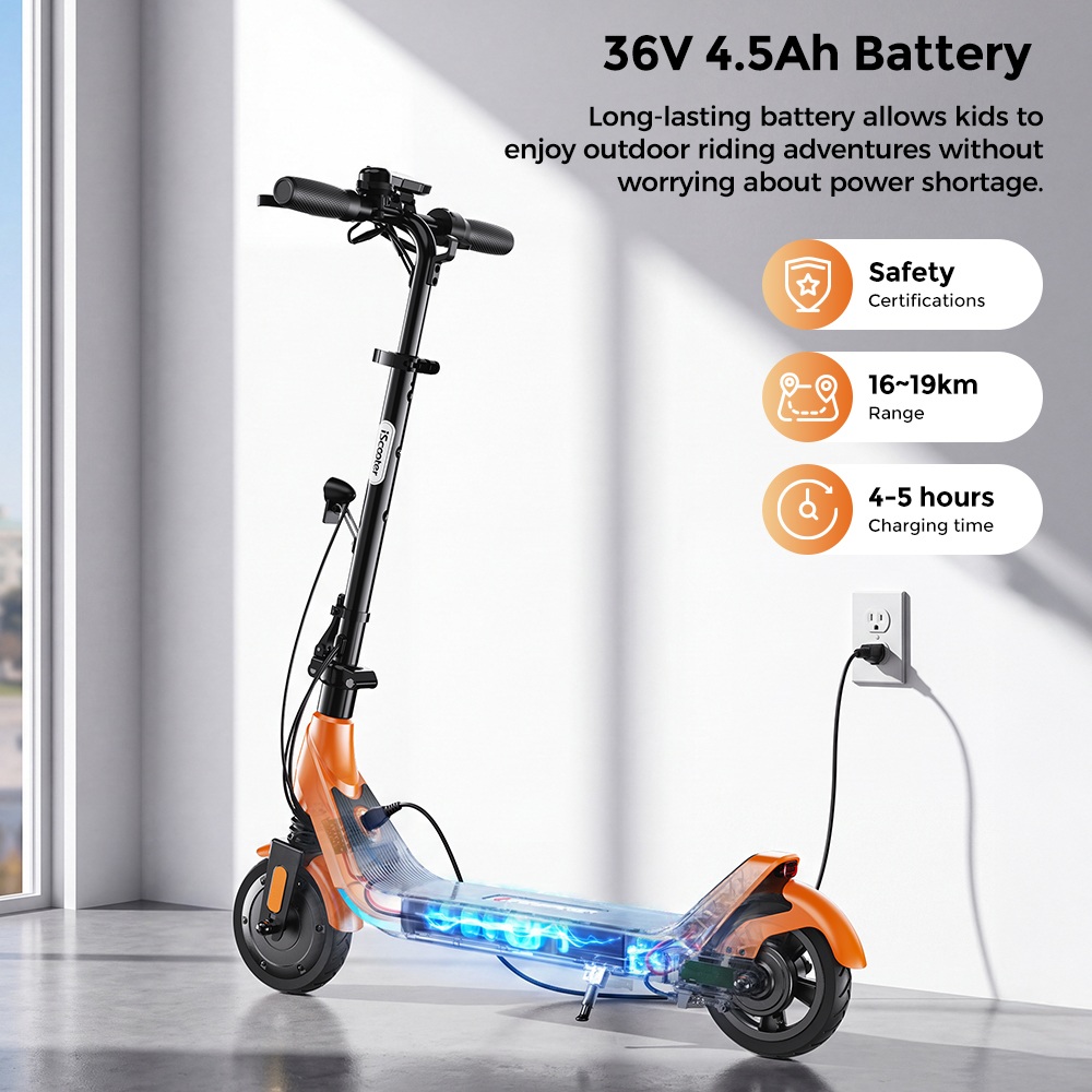 iScooter iK5LR Kids Electric Scooter, 300W Peak Motor, 36V 4.5Ah Battery, 19km Range, 25km/h Max Speed, 3 Speed Modes, Dual Brakes, Front Suspension, 7-Inch Solid Tires, APP Control, Bluetooth Music, RGB Lights - Orange