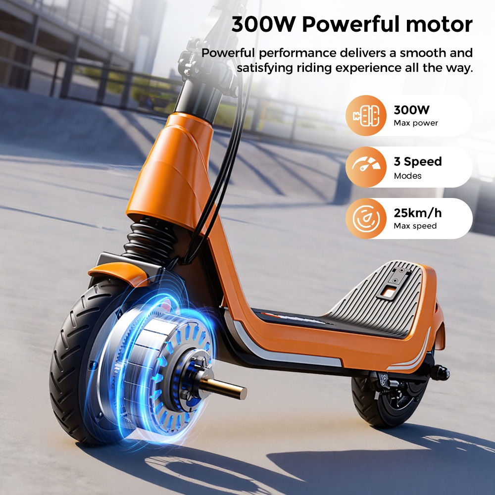 iScooter iK5LR Kids Electric Scooter, 300W Peak Motor, 36V 4.5Ah Battery, 19km Range, 25km/h Max Speed, 3 Speed Modes, Dual Brakes, Front Suspension, 7-Inch Solid Tires, APP Control, Bluetooth Music, RGB Lights - Orange