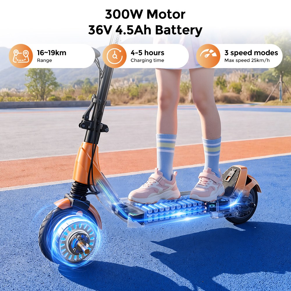 iScooter iK5LR Kids Electric Scooter, 300W Peak Motor, 36V 4.5Ah Battery, 19km Range, 25km/h Max Speed, 3 Speed Modes, Dual Brakes, Front Suspension, 7-Inch Solid Tires, APP Control, Bluetooth Music, RGB Lights - Orange