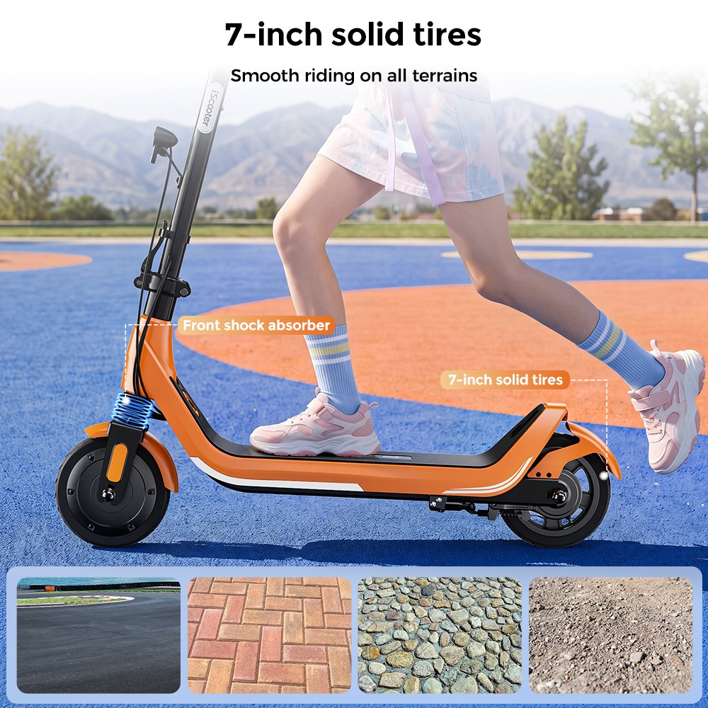 iScooter iK5LR Kids Electric Scooter, 300W Peak Motor, 36V 4.5Ah Battery, 19km Range, 25km/h Max Speed, 3 Speed Modes, Dual Brakes, Front Suspension, 7-Inch Solid Tires, APP Control, Bluetooth Music, RGB Lights - Orange