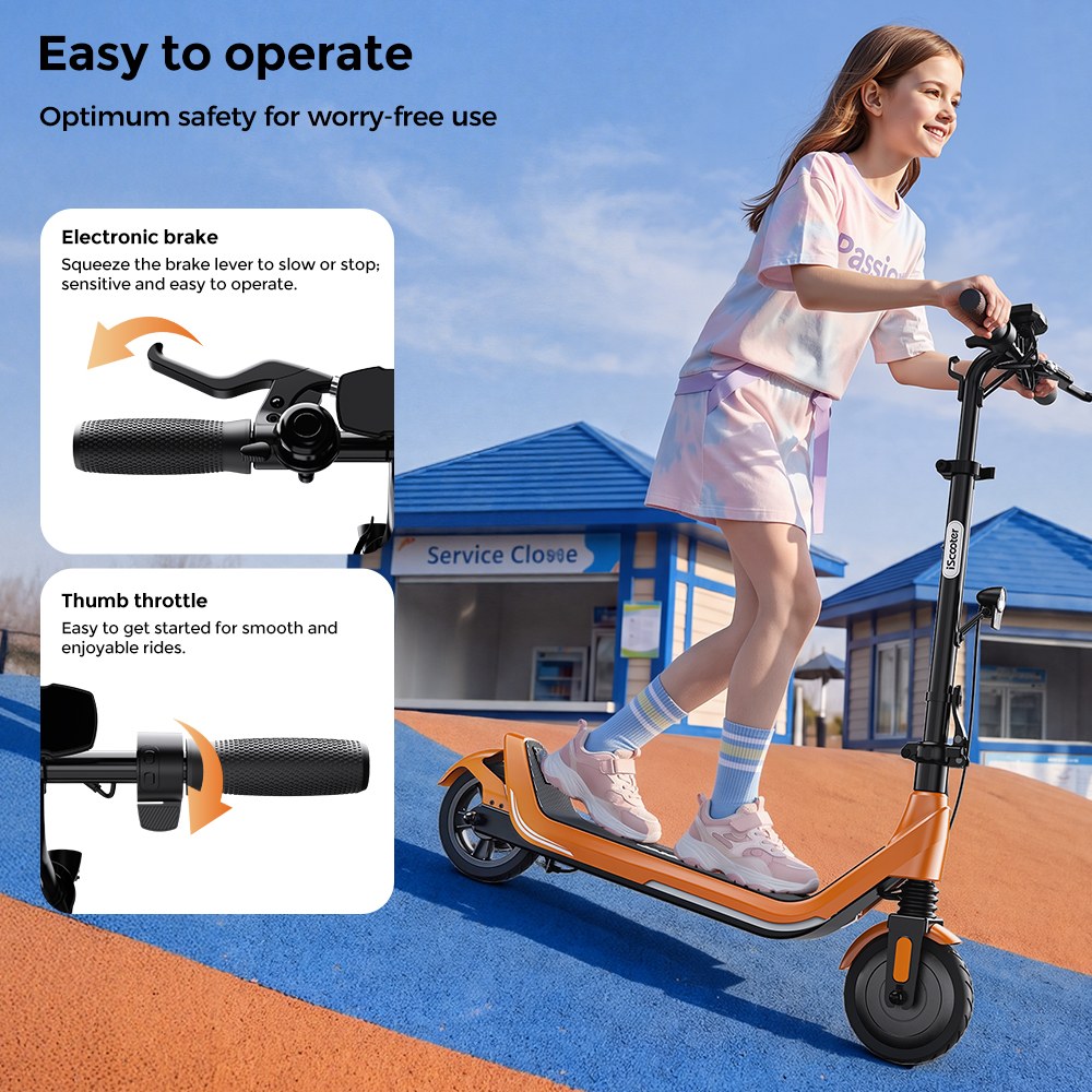 iScooter iK5LR Kids Electric Scooter, 300W Peak Motor, 36V 4.5Ah Battery, 19km Range, 25km/h Max Speed, 3 Speed Modes, Dual Brakes, Front Suspension, 7-Inch Solid Tires, APP Control, Bluetooth Music, RGB Lights - Orange