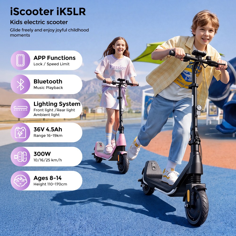 iScooter iK5LR Kids Electric Scooter, 300W Peak Motor, 36V 4.5Ah Battery, 19km Range, 25km/h Max Speed, 3 Speed Modes, Dual Brakes, Front Suspension, 7-Inch Solid Tires, APP Control, Bluetooth Music, RGB Lights - Pink