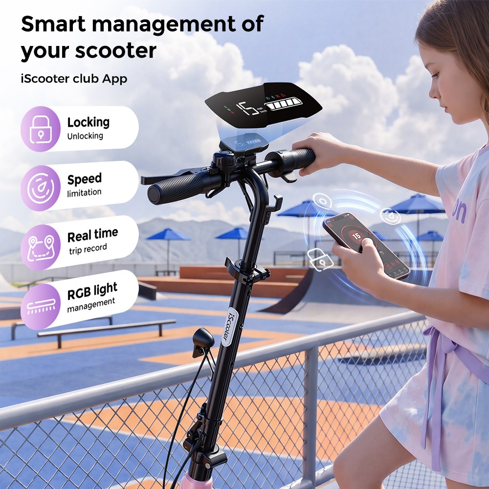 iScooter iK5LR Kids Electric Scooter, 300W Peak Motor, 36V 4.5Ah Battery, 19km Range, 25km/h Max Speed, 3 Speed Modes, Dual Brakes, Front Suspension, 7-Inch Solid Tires, APP Control, Bluetooth Music, RGB Lights - Pink