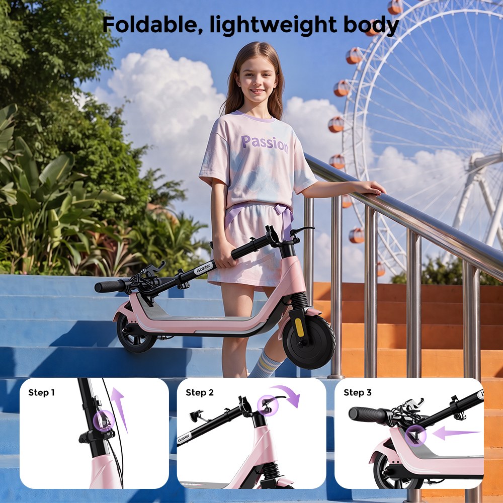 iScooter iK5LR Kids Electric Scooter, 300W Peak Motor, 36V 4.5Ah Battery, 19km Range, 25km/h Max Speed, 3 Speed Modes, Dual Brakes, Front Suspension, 7-Inch Solid Tires, APP Control, Bluetooth Music, RGB Lights - Pink